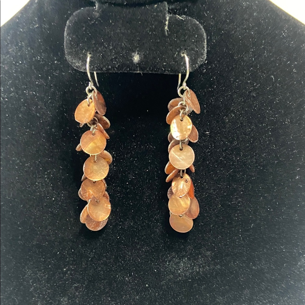 Shimmer Brown Disc Dangle Earrings 3 inch Pierced Earrings French Wire